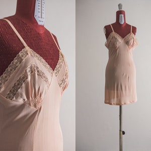 chemise slip mini underdress vintage 50&#39;s 60&#39;s lace smocked detail babydoll slip in dusty pink peach semi-sheer slipdress