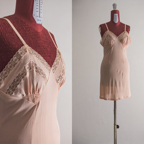 chemise slip mini underdress vintage 50's 60's lace smocked detail babydoll slip in dusty pink peach semi-sheer slipdress