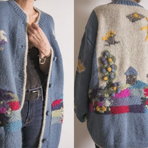 rich colorway handiknit intarsia wool coat sweater heavy knit cardigan in stunning French blue one-of-a-kind vintage knitwear for women&#39;s