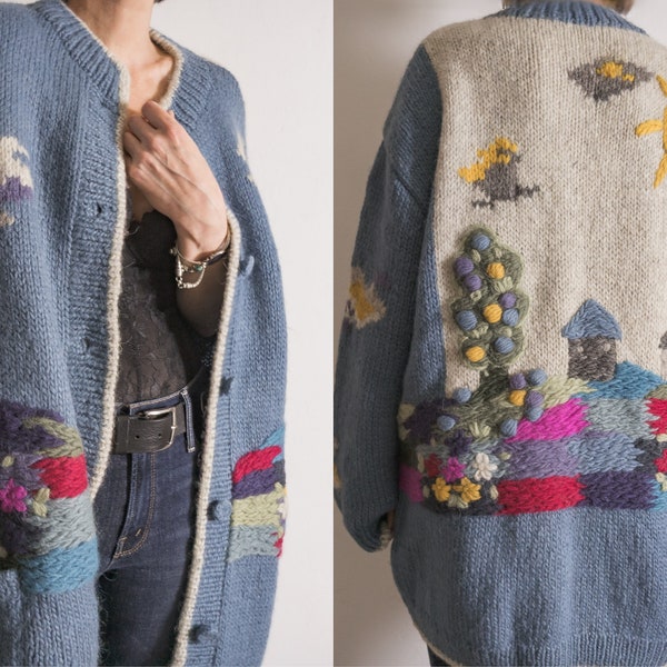 rich colorway handiknit intarsia wool coat sweater heavy knit cardigan in stunning French blue one-of-a-kind vintage knitwear for women's