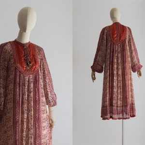 1970&#39;s Interlinks London gauze cotton dress, india boho hippie smock dress, block print ethnic floral bohemian style festival dress