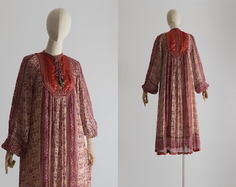 1970's Interlinks London gauze cotton dress, india boho hippie smock dress, block print ethnic floral bohemian style festival dress