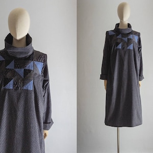 1970s René Derhy Paris roll neck tent dress pinwale corduroy cotton patchwork yoke strong shoulders, dusty purple black micro print | medium