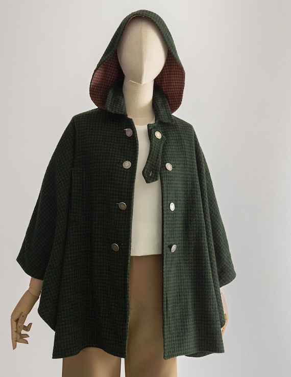 1960s Loden Plankl Cape With Hood Earthy Green Shepherd Check