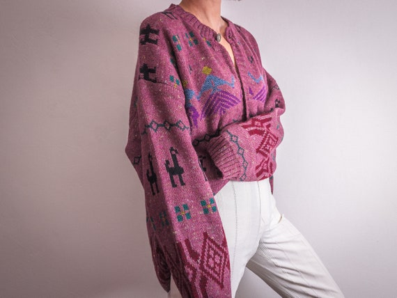 Italian aztec llama intarsia knit cardigan sweate… - image 2