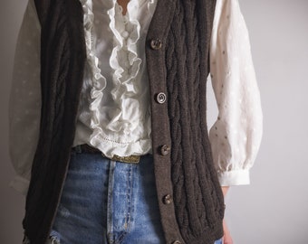 brown wool fisherman sweater vest cable knit cardigan vest vintage 1980s