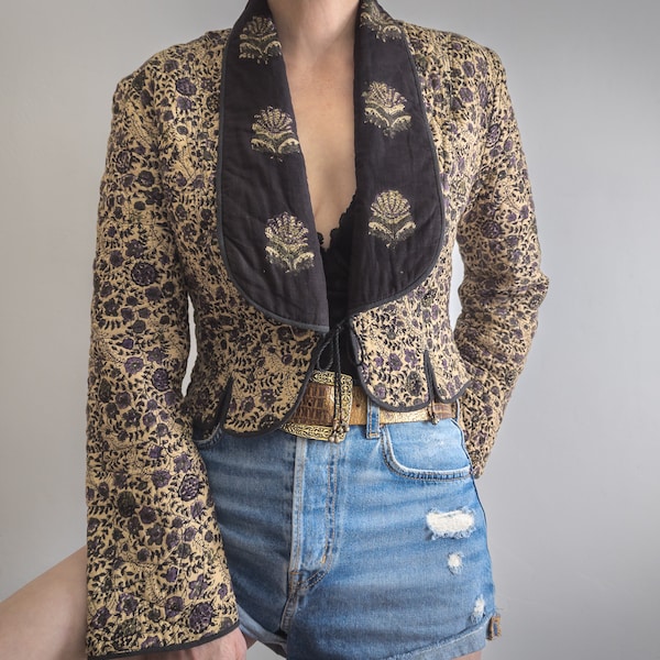 1970s Phool India Imports cropped quilted floral jacket hand block printed cotton, gorgeous shawl collar, double jingling bell bead trim