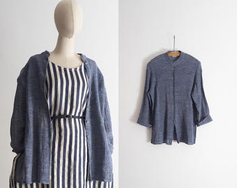 linen blend tunic button up duster vintage - chambray blue - small/medium