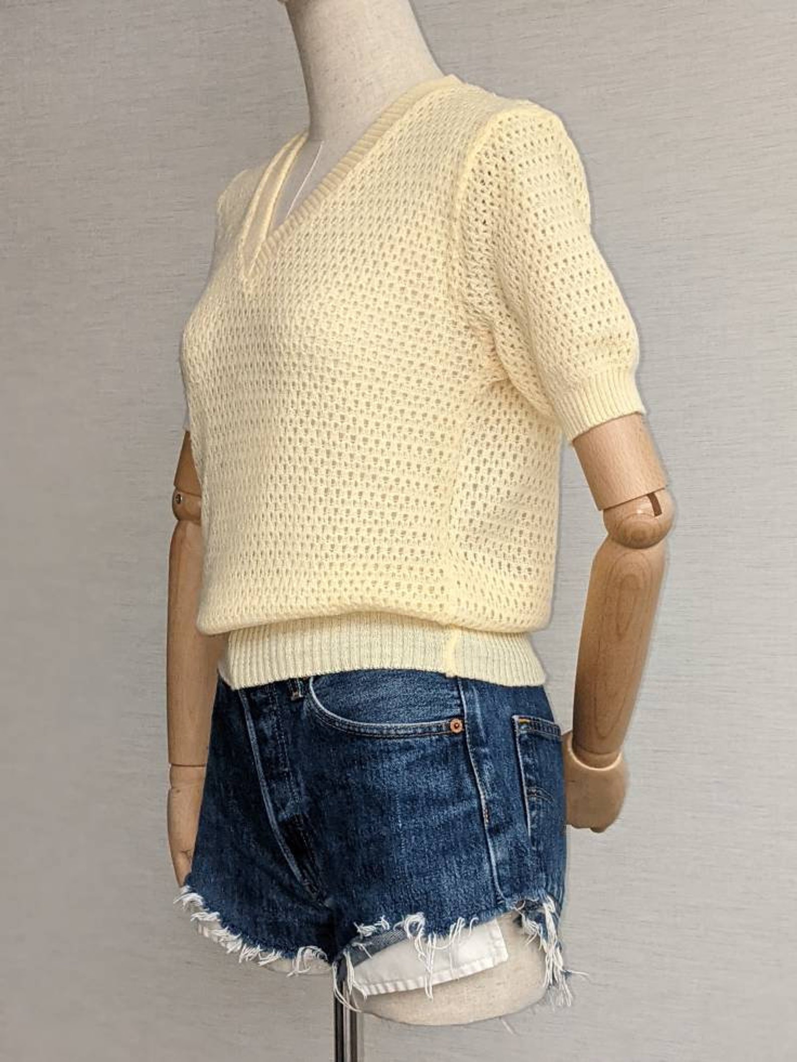 Open weave knit v neck short sleeve sweater knit top Etsy