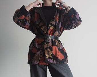 vintage 1980s boho infused chore jacket – reversible floral & corduroy – oversized fit – m/l