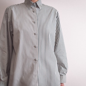 preppy striped dress shirt vintage 1980s 1990s by Comtesse, sage green and white vertical stripes and gingham/vichy check/plaid cotton image 5