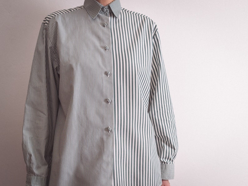 preppy striped dress shirt vintage 1980s 1990s by Comtesse, sage green and white vertical stripes and gingham/vichy check/plaid cotton image 5