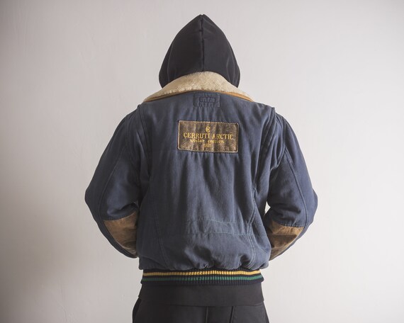 Canvas Bomber Jacket With Sherpa Leather Collar and Leather