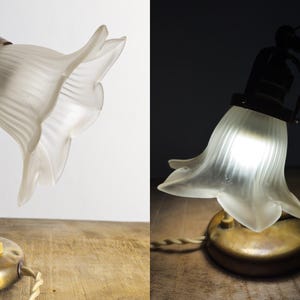 art nouveau to art deco brass tulip lamp wall/table/desk lamp with frosted glass shade, 1930s