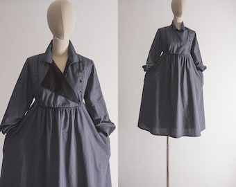Scandi striped tent dress vintage 70s Eva soft deep lavender blue and black pinstripe cotton yoke dress w/pockets loose maternity-dress vtg