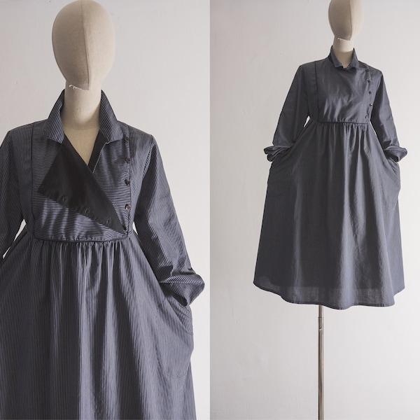 Scandi striped tent dress vintage 70s Eva soft deep lavender blue and black pinstripe cotton yoke dress w/pockets loose maternity-dress vtg