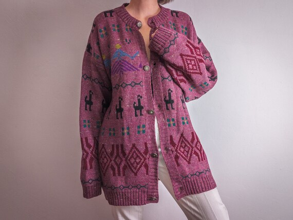 Italian aztec llama intarsia knit cardigan sweate… - image 4