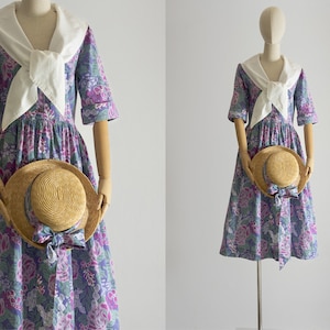 1980s Laura Ashley Misses&#39; Dress and Sash, flattering V neck and a contrast shawl collar with a tying bow, deeply cuffed elbow-length sleeve