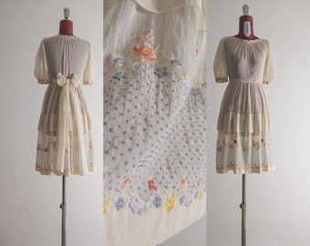 creamy ecru cotton lawn muslin teen dress with floral and Swiss dot gorgeous embroidery. snap-attached embroidered sash. vintage find 50s