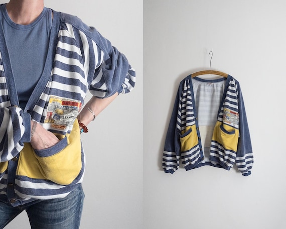 Vintage hollywood sweatshirt cardigan – bleached denim blue/off-white striped, dandelion color block – large