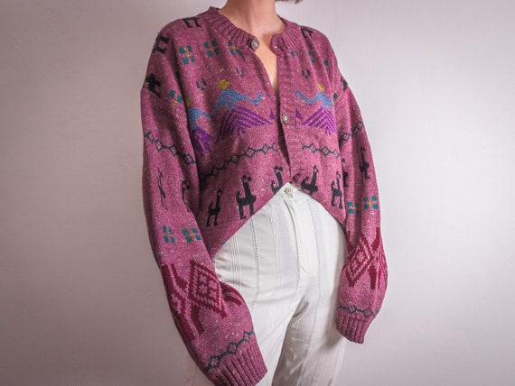 Italian aztec llama intarsia knit cardigan sweate… - image 5