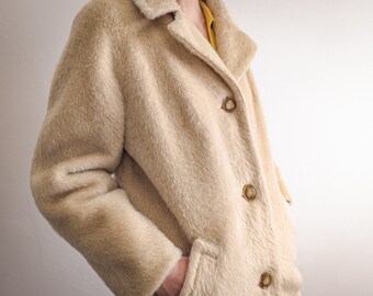 1960s Mod Pure Luxury Mohair Coat women's England fashion 60s light beige MOHAIR TEDDY COAT womenswear outerwear vintage 3/4 length coat