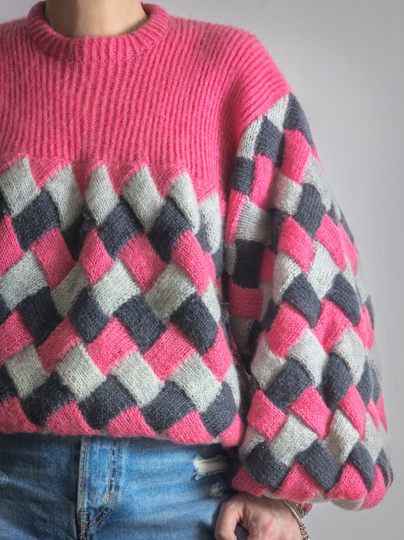 Checkered Knit Sweater Balloon Sleeve Knit Check Jumper Vintage Hand ...