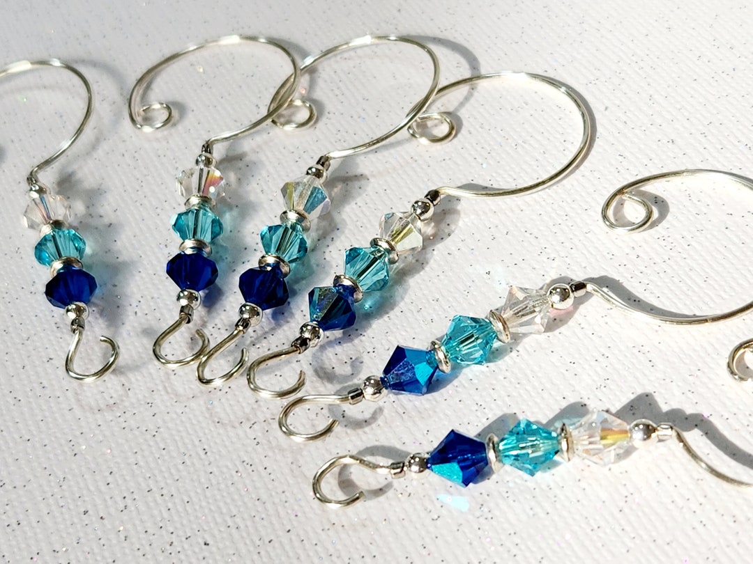 Christmas Ornament Hangers Blue and Clear Swarovski Ornament Hooks Set of 6 Ornament Hangers