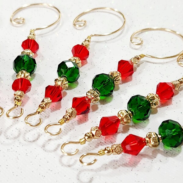 Beaded Christmas Ornament Hangers - Red and Green, Set of 6