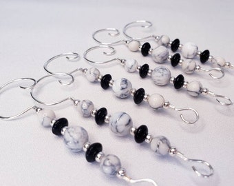 Ornament Hangers - Black and White Marble Beaded Ornament Hooks - Set of 6 Ornament Hangers