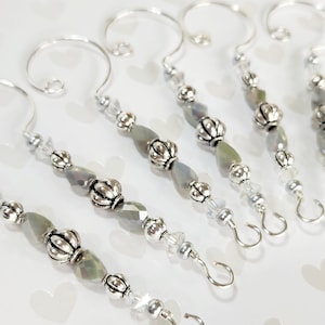 Ornament Hangers - Silver and Glass Beaded Ornament Hook - Set of 6 Christmas Ornament Hangers - Christmas Enhancers - Gifts