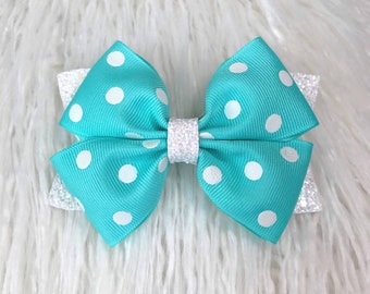 4 or 5 inch Dotty Blue Chunky Glitter Children/'s Double Hair Bow