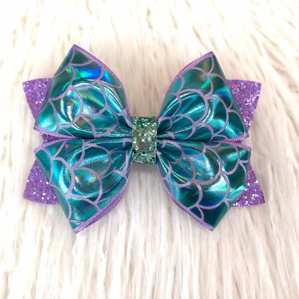 Mermaid Scales Glitter Boutique Bow Hair Clip or Baby Headband Holographic Blue Green Turquoise Purple Chunky Glitter