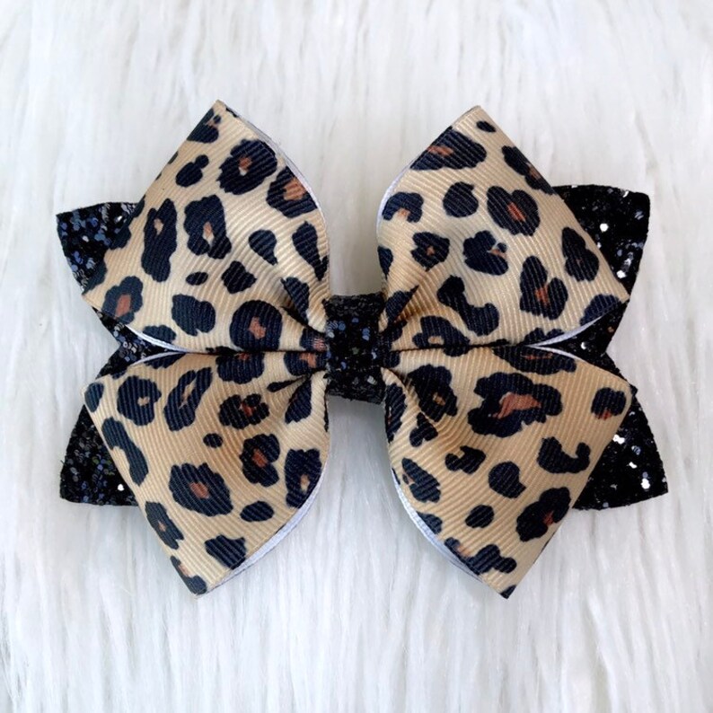 Leopard Glitter Hair Bow Leopard Hair Clip Leopard Baby Bow Etsy