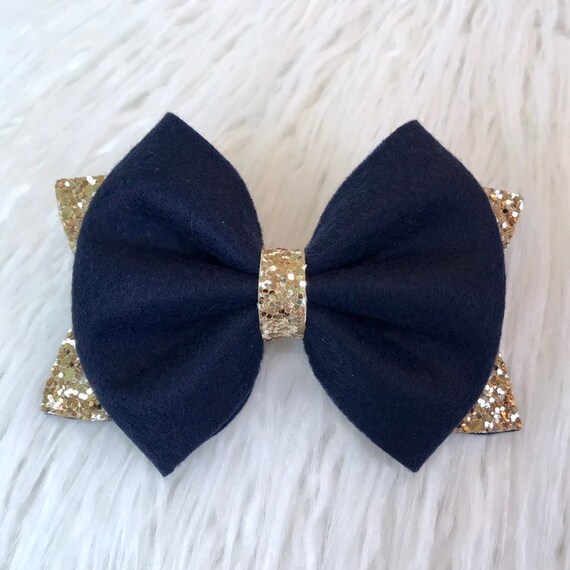 Handmade navy /& gold glitter bows girlls chunky 4/" hair clip or headband