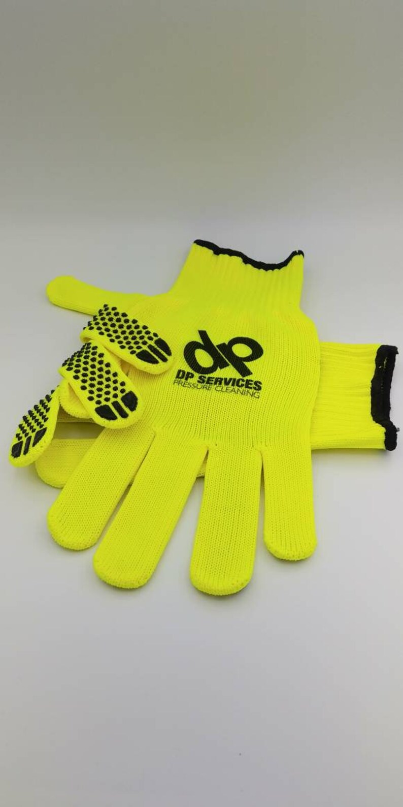 Custom Safety Neon Yellow Work Gloves With Pvc Palm Grip Sized Etsy