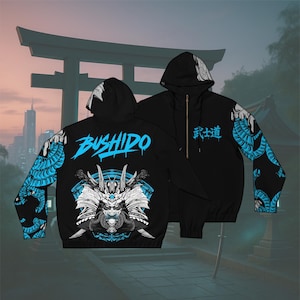 BUSHIDO Graffiti Zip Hoodie | Cyber Samurai Jacket | Oni Warrior Graffiti | Electric Blue Japanese Streetwear