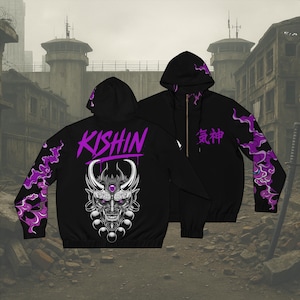 KISHIN Graffiti Oni Zip Hoodie | Purple Flame Japanese Streetwear | Demon Mask Jacket | Cyberpunk Techwear