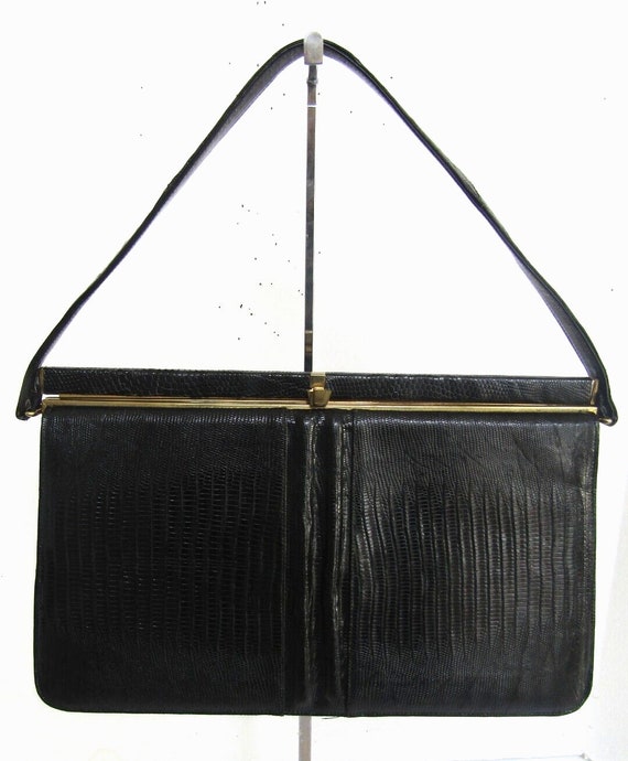 Vintage Black Leather Genuine Lizzard Sterling US… - image 1