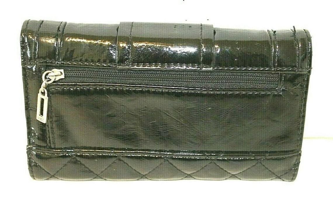 GUESS Womens Wallet Black Patent Leather Quilted Trifold Etsy