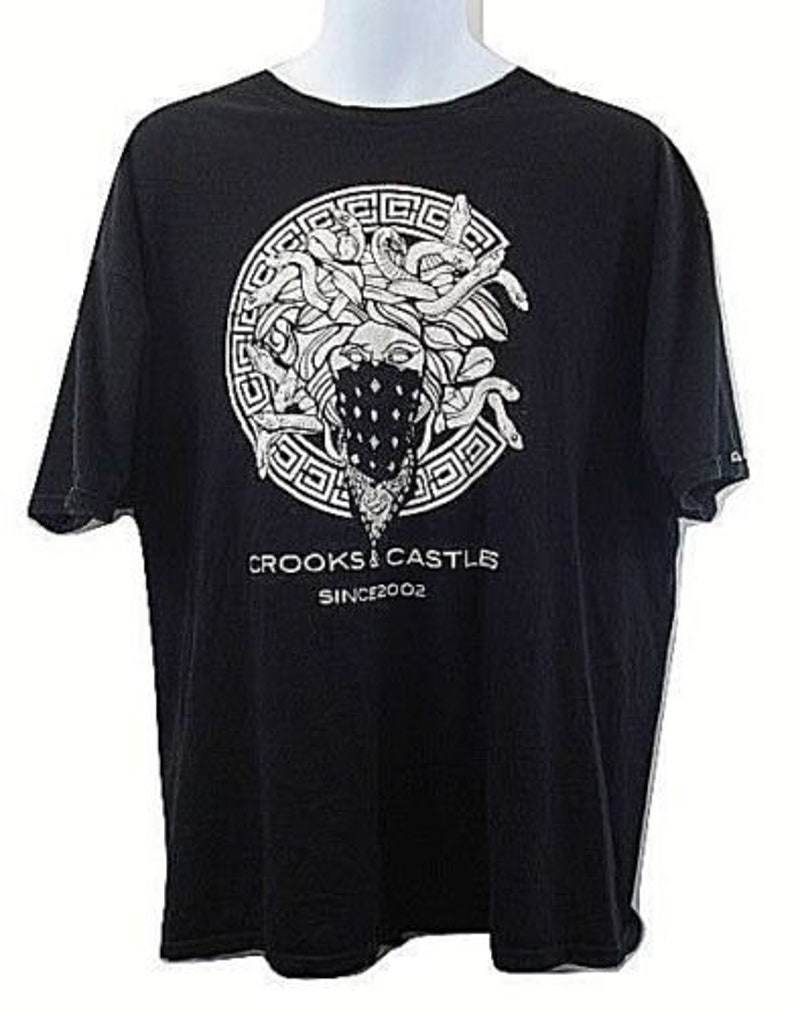 Vintage 90s Crooks /& Castles XL Black Medusa Embroidered Sleeves T-Shirt EUC XL