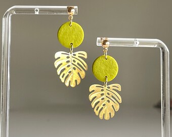 Leaf drop earrings, monstera earrings, gold brass earrings, chartreuse earrings, statement earnings, nature earrings, plant earrings