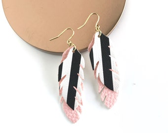 tribal earrings black and white stripe pink feather earrings unique earrings Stripe earrings striped earrings lightweight earrings