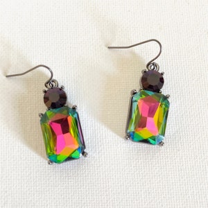 Iridescent earrings, multi-color earrings, colorful crystal earrings, emerald cut earrings, statement earrings, crystal drop earring