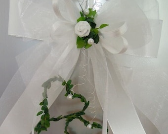 Spiegelschleife 18cm x 20cm lang groß weiß Herzen Perlen Hochzeitsschleifen Stuhlschleifen Hochzeit Schleifen Autodeko Kirchenschleifen