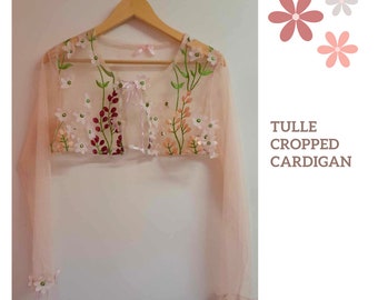 Handmade Embroidered Cropped Cardigan Flowers Tulle PinkandFroggy