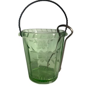 Depression Glass Ice Bucket With Ice Tongs , Green Depression Etched Corn Flower Ice Bucket, Green Etched Vintage Ice Bucket