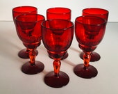 6 New Martinsville Red Moondrops Goblets , Red Depression Moondrops Wine Goblets , Red New Martinsville Depression Glass Wine Water Glasses