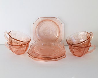 Hocking Glass Pink Princess Cups And Saucers , Pink Princess Depression 8 Piece Tea/Coffee Service Set , Original Hocking Princess Glassware