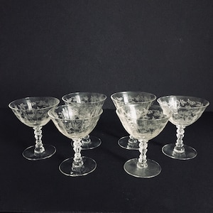 Set of 6 Fostoria Chintz Champagne Coups , Greenbriar #6026 Etched Sherbets , Fostoria Chintz Elegant Stemware Champagne Wedding  Glasses